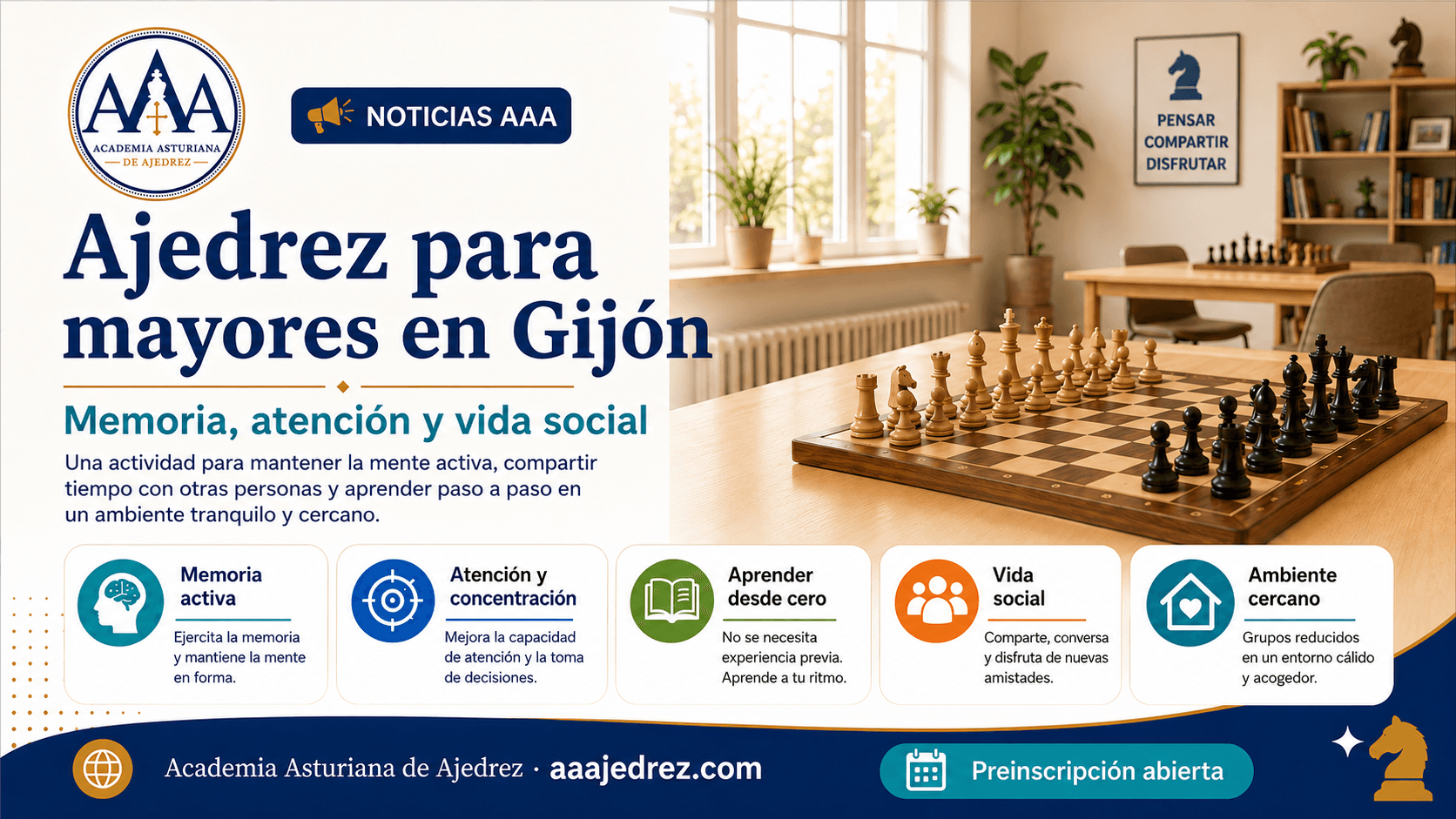 Ajedrez para mayores en Gijón: memoria, atención y vida social